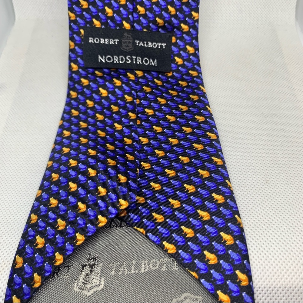 Robert Talbott men’s tie silk frog print blue gold 60 inches hand sewn in USA - Picture 5 of 7